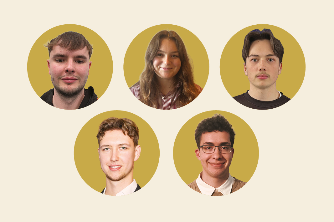 Headshots of Alloyed apprentices Morgan Phillips, Violet Constable-Cole, Harley Langford, Ewan Morgan and Alexander Merrell Brown