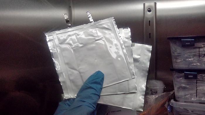 Electrodes removed from the batteries. Electrode consists of a film made of aluminium or copper, for example, which is covered with a thin layer of active material