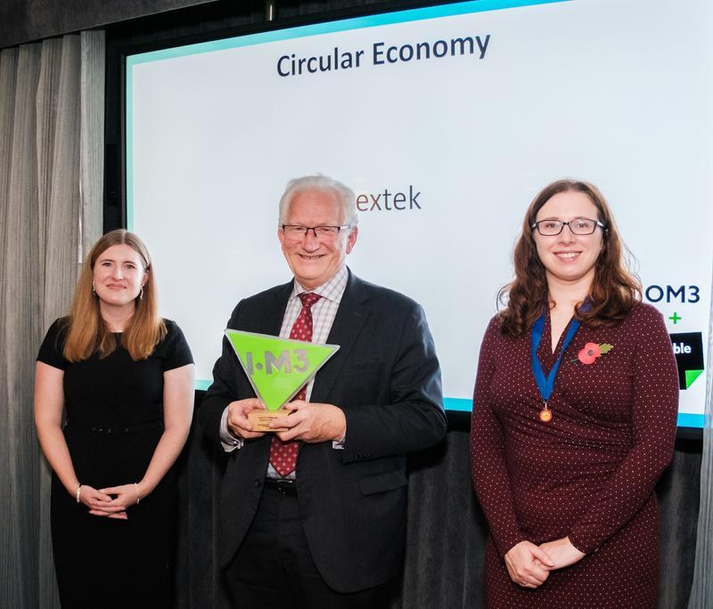 Edward Kosior of Nextek Ltd with one of the judges Sarah Connolly from the awards’ headline sponsor Innovate UK (left) and IOM3 President Kate Thornton (right)