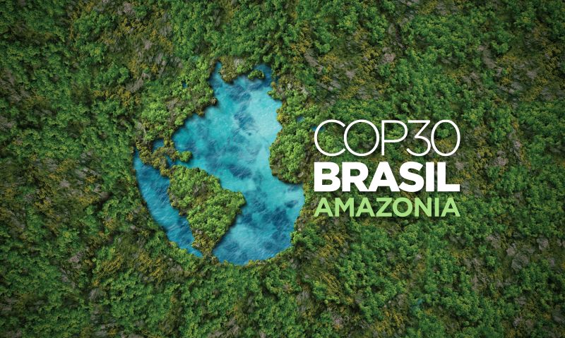 United Nations Climate Change Conference COP30 Brasil, Amazonia represented in text with trees outlining the Americas on a globe surrounded by more trees.