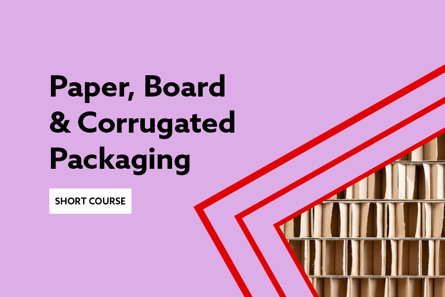 Fibre-based packaging online course logo with text on a lilac background and image of folded board