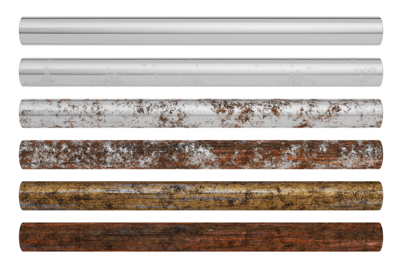 Six metal poles organised horizontally and each increasing in level of rust