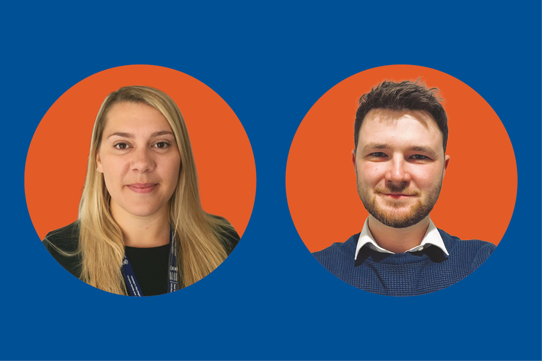 Headshots of Dr Hollie Cockings (left) and Dr Dan Britton (right) in orange circles against a blue background