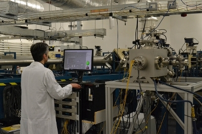 Ion accelerator beamline end station in-use at the Dalton Cumbrian Facility