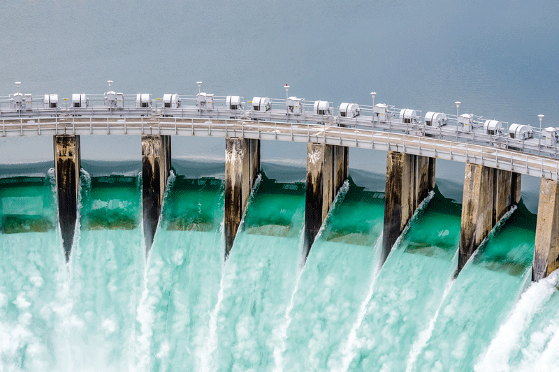 A dam with flowing water