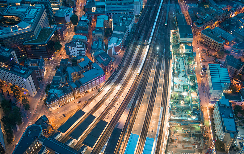 bird's eye view of rail track in a city 