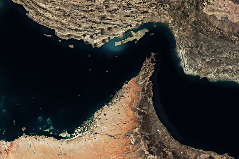 Stock satellite image of the Strait of Hormuz channel in the Middle East