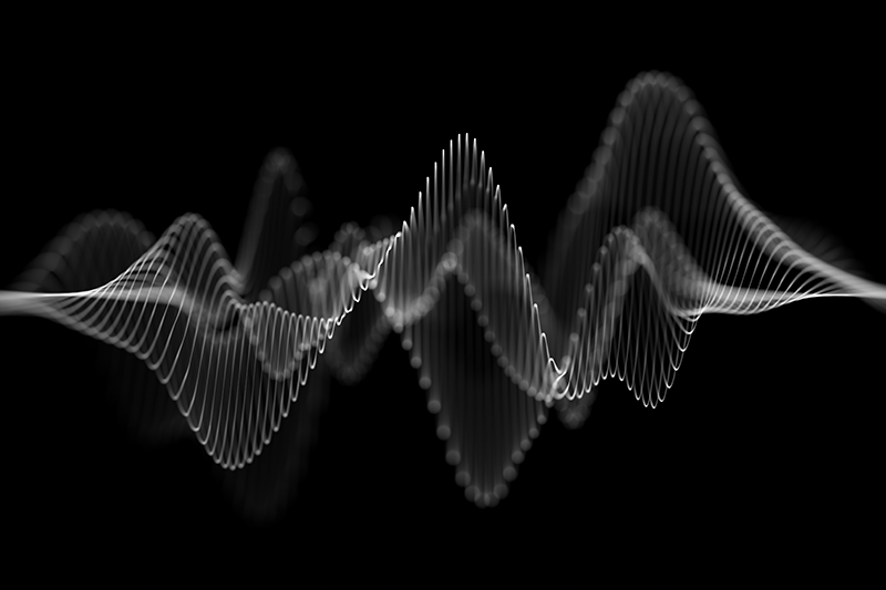 White abstract sound wave design on a black background