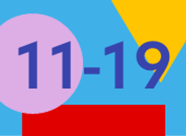 11-19 in violet text on light blue background with lilac circle on left, red rectangle along bottom and yellow triangle at top right