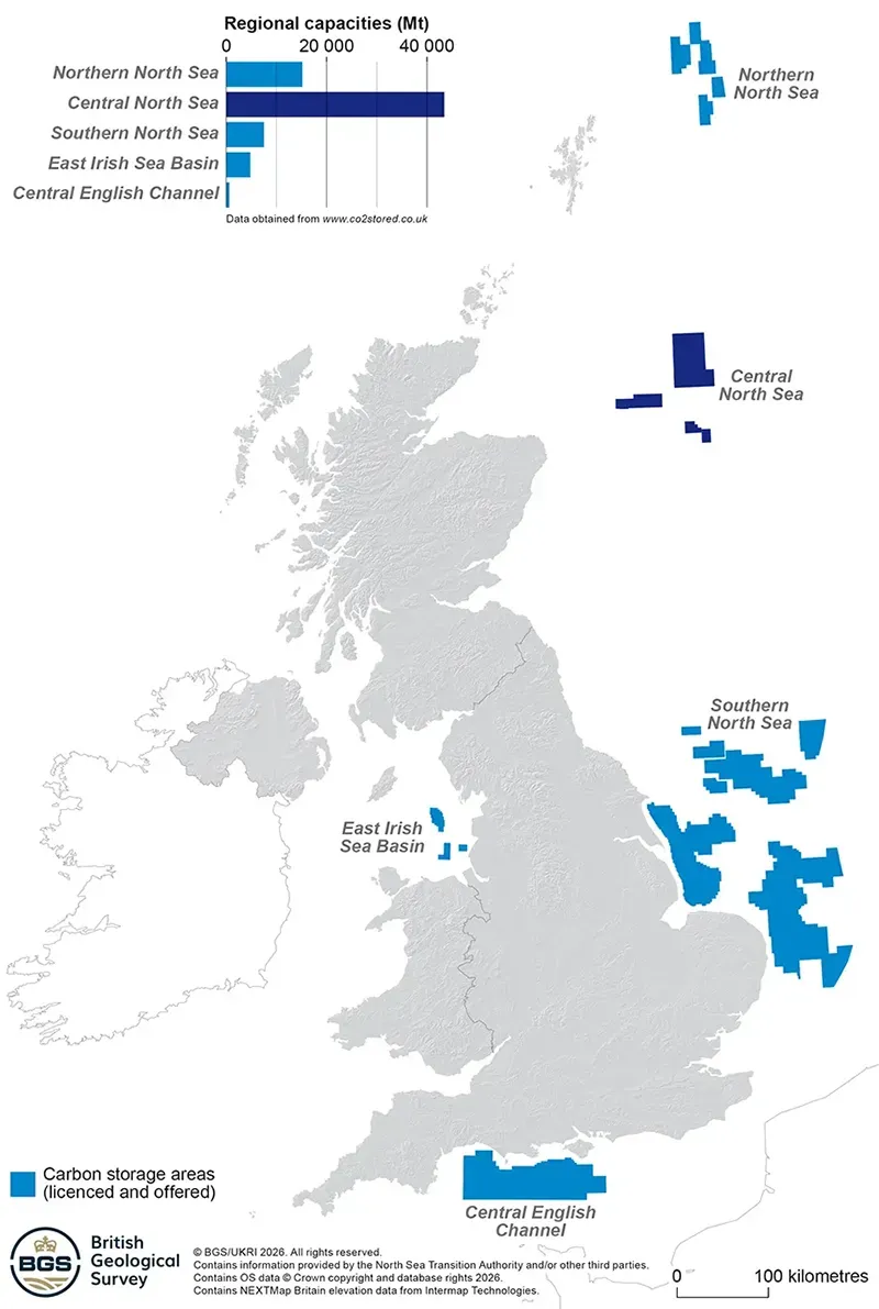A map of the UK showing slightly different areas of CCS potential