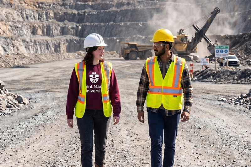 Two younger adults walk through a dusty open-pit mine with hard-hats and hi-vis vests, with a digger working in the background