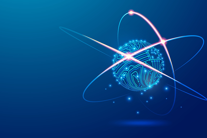 concept of futuristic science tech, graphic of atom structure combined with eletronic pattern