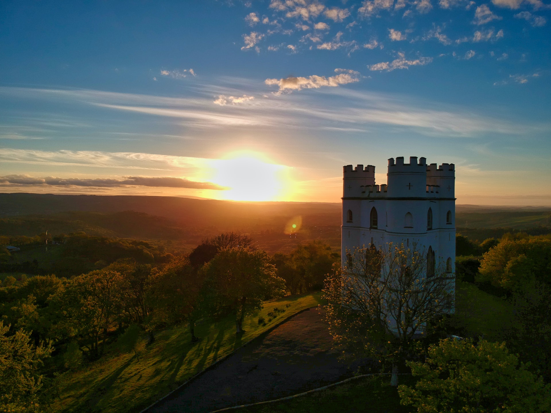 sunset over Dartmoor in the background of Haldon Belvede