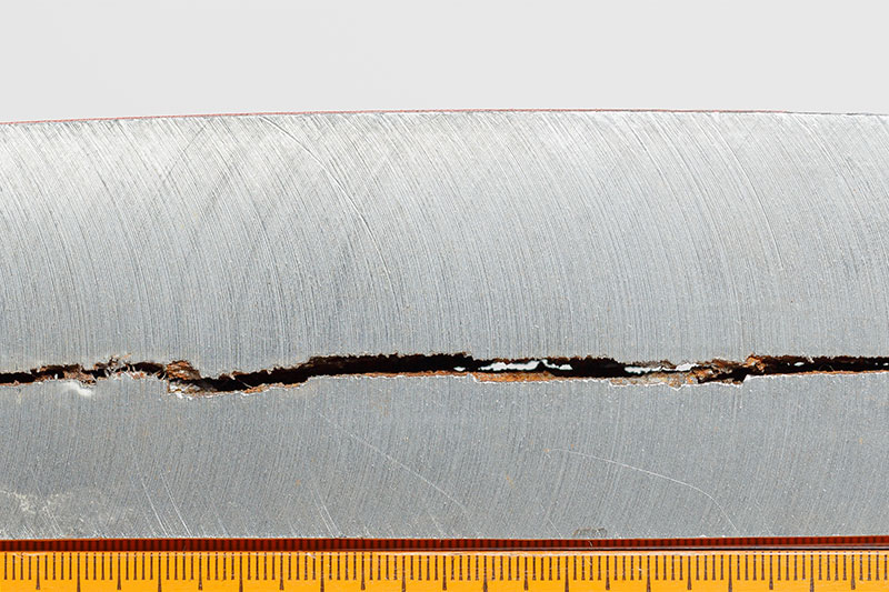 Horizontal crack in middle of metal surface with a ruler below to indicate size of the damage