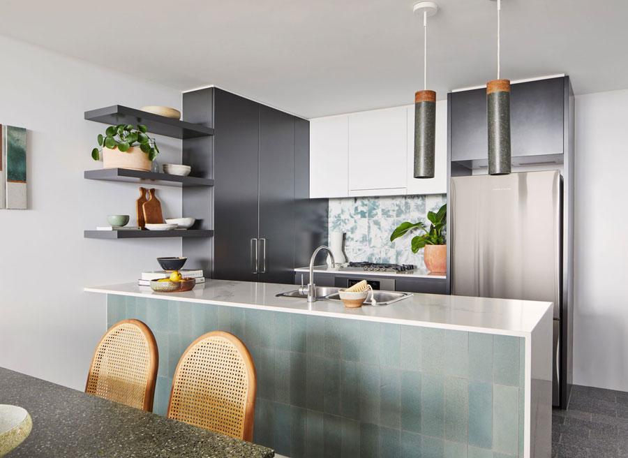 Floor tiles and island bench wall tiles produced from the ceramic tiles microfactory at the University of New South Wales, Australia