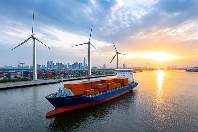 An AI-generated image, with a medium cargo ship on a large river with three wind turbines, city skyscrapers in the background, at sunset.