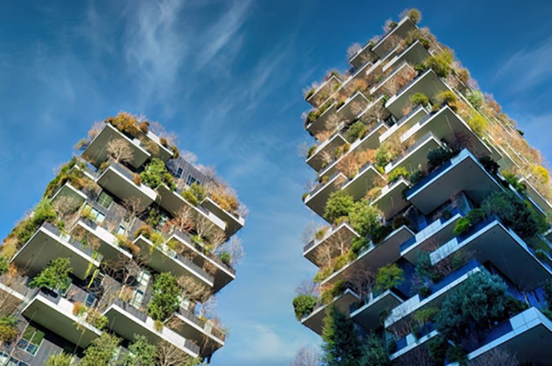 Two blocks of flats with lots of green vegetation covering all the balconies