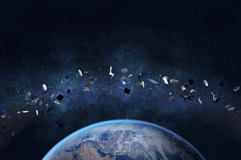 Illustration of defunct satellites and fragments, circling the Earth