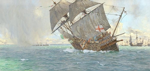 The Mary Rose sinking in battle against the French Navy in 1545. Painted by Geoff Hunt courtesy of The Mary Rose Trust