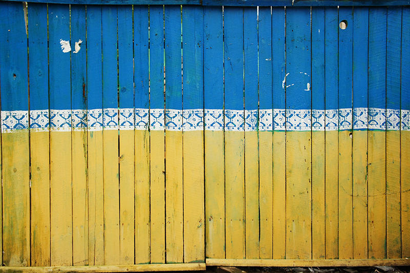 The fence of a construction site in Kiev painted in the Ukrainian colours