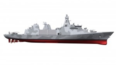 A Type 31 frigate, in red and grey on a white background
