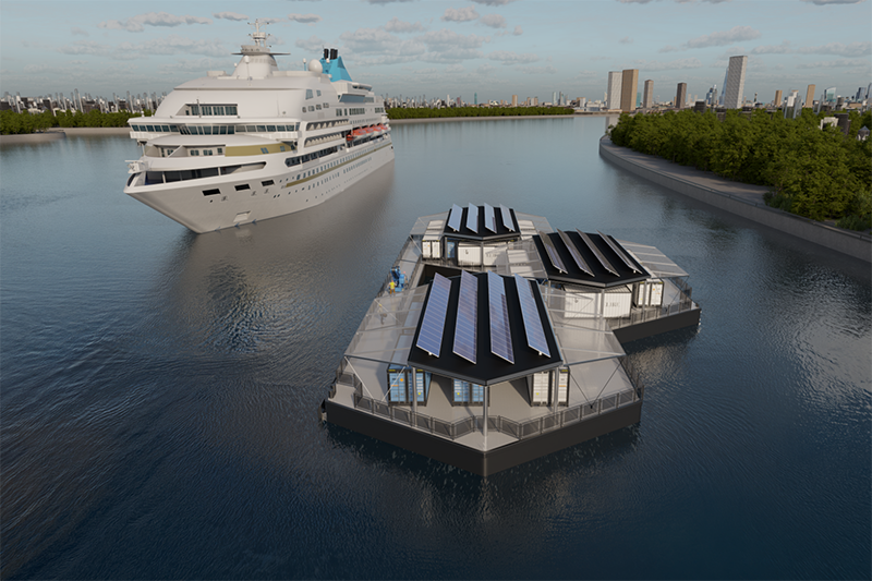 Vessel pictured on the water alongside the hydrogen power hub