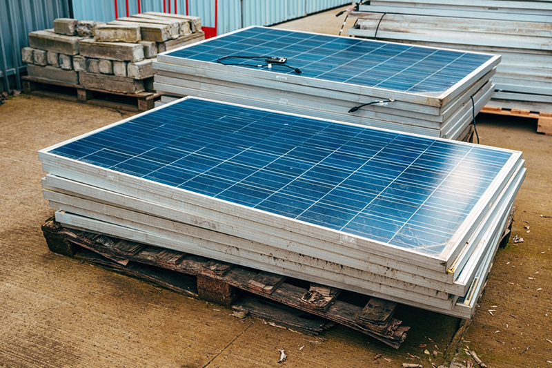 Two piles of old solar panels stacked up