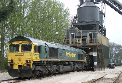 Rail loading of silica sand at the Leziate quarry near Kings Lynn, Norfolk, UK