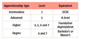 Apprenticeship levels in the UK