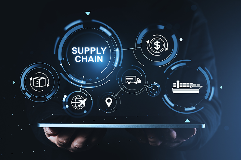 Digital supply chain management concept with logistics icons in futuristic style on dark background, illustrating global transport and delivery strategy