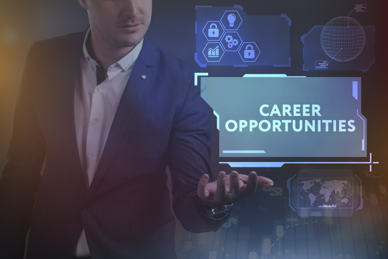 Man offers a hologram with the words career opportunities on it