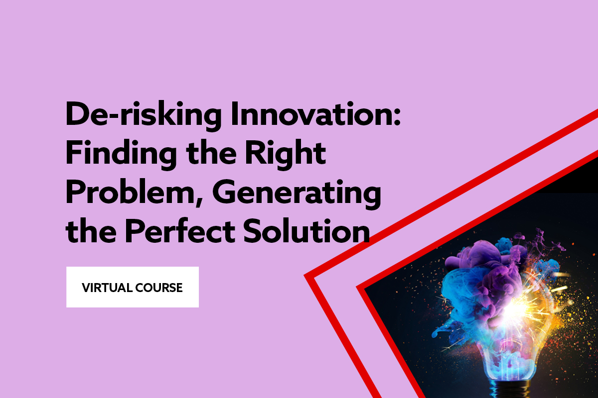 Purple promotional graphic for a virtual course titled “De-risking Innovation,” featuring bold black text and a glowing multicolour lightbulb.