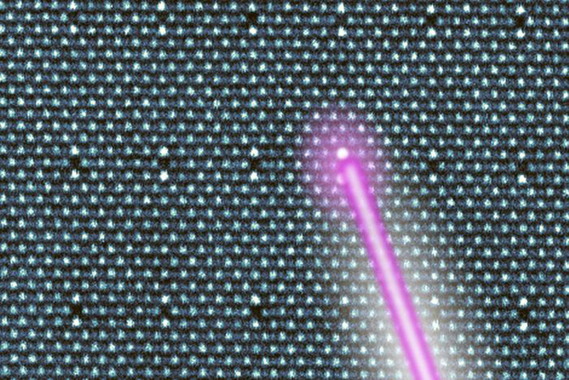 A laser beam pointing at one particular dot in a large densely packed grid of dots