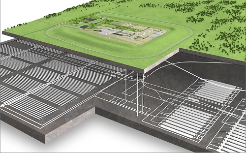 Illustration of what a future UK Geological Disposal Facility might look like, with a a surface facility accessing disposal vaults and tunnels at a depth of between 200 and 1,000m