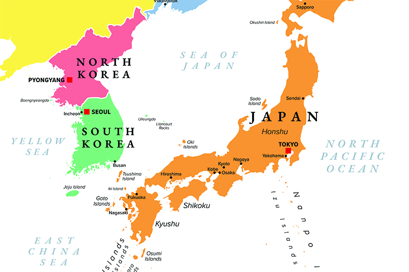 Japan and Korean Peninsula, multicolored political map