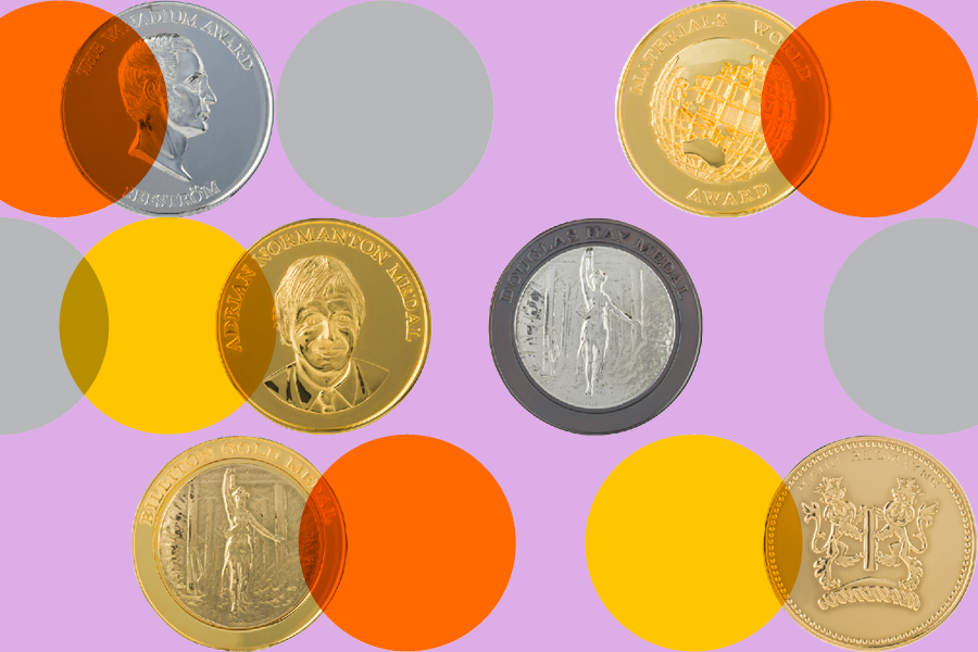 lilac background with overlapping circles and IOM3 medals scattered accross, the circles are grey, orange and yellow