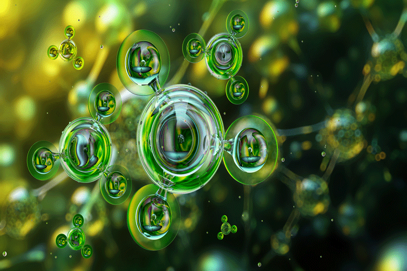 A molecular structure in the form of green bubbles