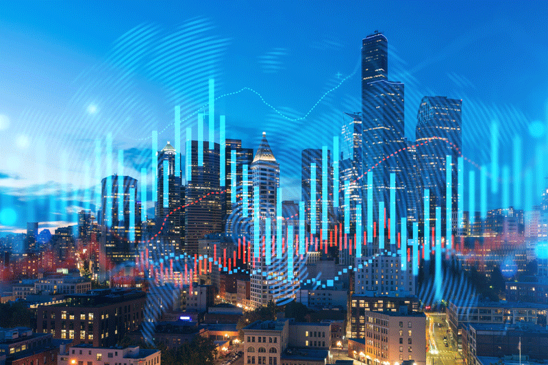 A skyline with graphs in front