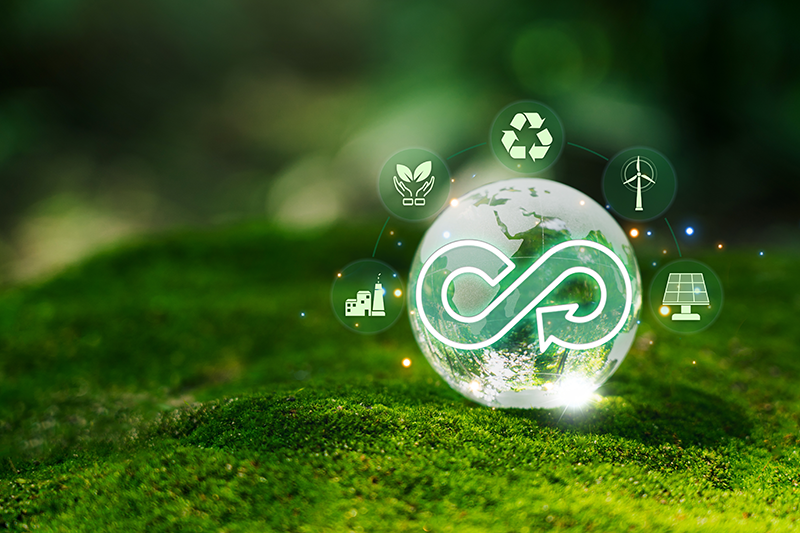 Stock logo of a glowing globe with circular economy logos around it
