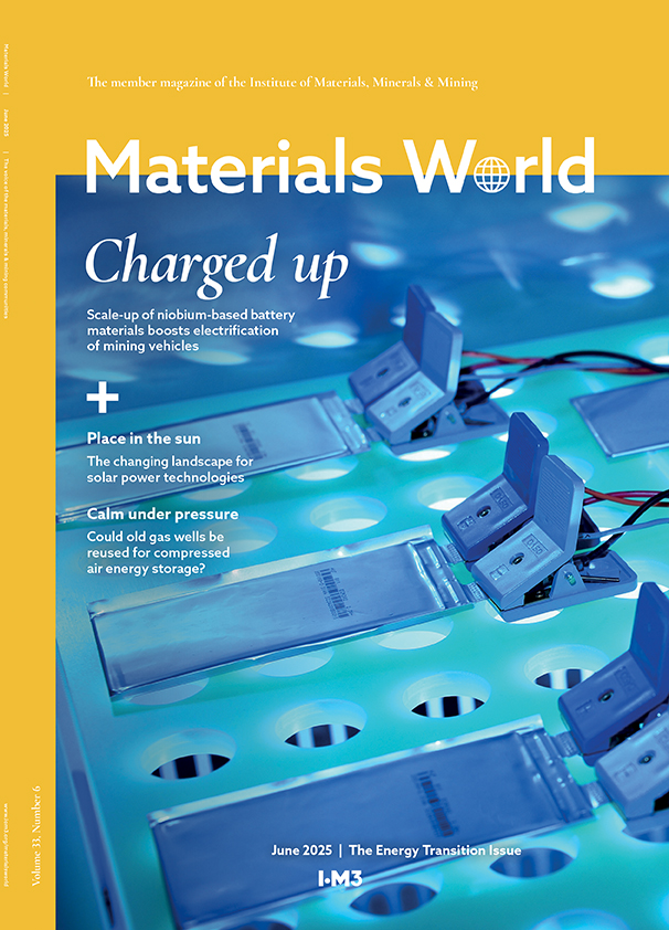 Front cover of Materials World magazine June issue, featuring batteries and switches with wires attached