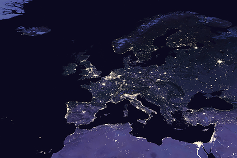 Europe from space at night, with lights