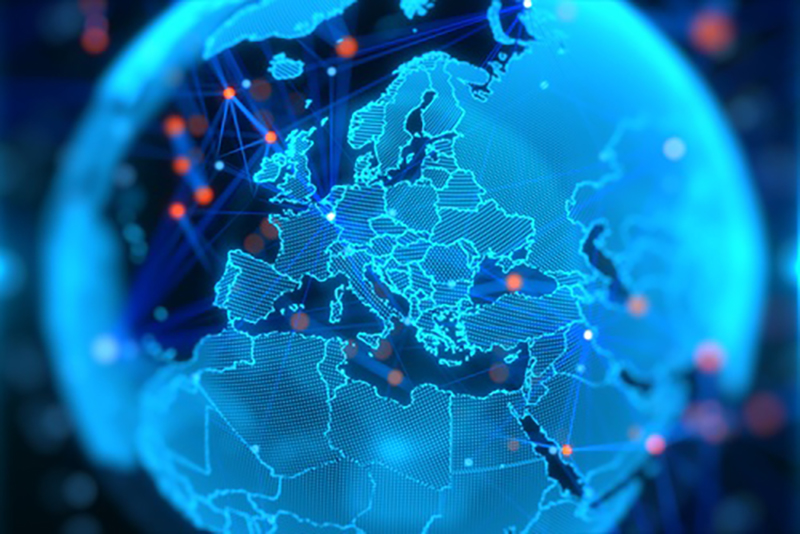 Digital graphic of the globe focusing on Europe, as if a pixelated 3D holograph
