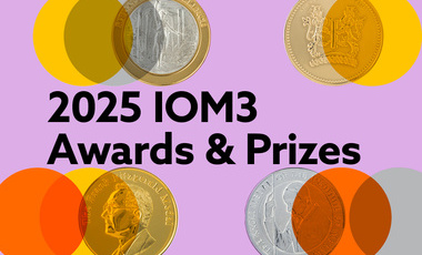lilac background with overlapping circles and IOM3 medals scattered accross, black text reads 2025 IOM3 awards & prizes