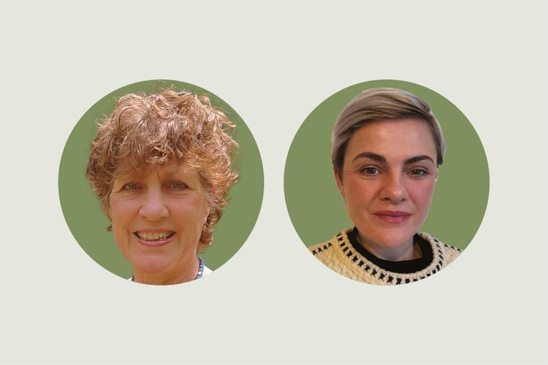 Headshots of Jo Parker and Katie Prior on a green background