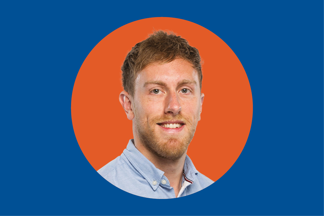 Headshot of Ross Smith in an orange circle against a blue background