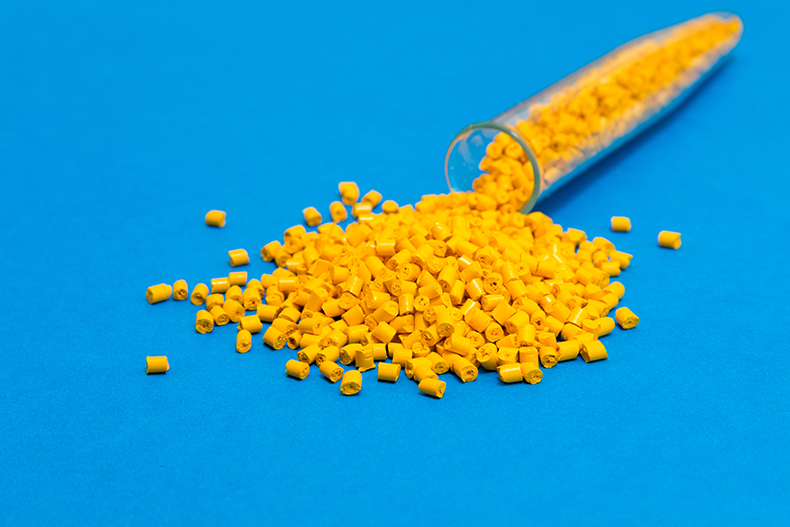 blue background with yellow polymers in the middle