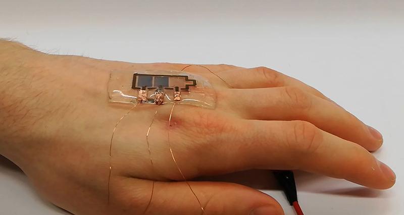 The flexible, adhesive and biodegradable display can be worn directly on the hand