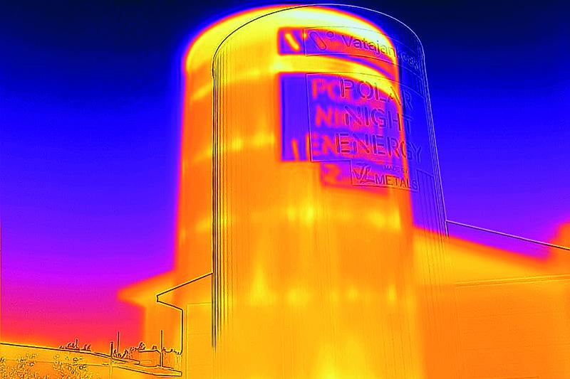 Image of large silo at night using thermal imaging camera